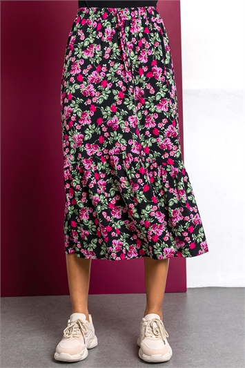Floral Curved Hem Midi Skirt 17019808
