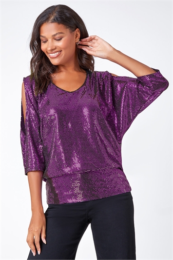 Cold Shoulder Sequin Stretch Top lc190006