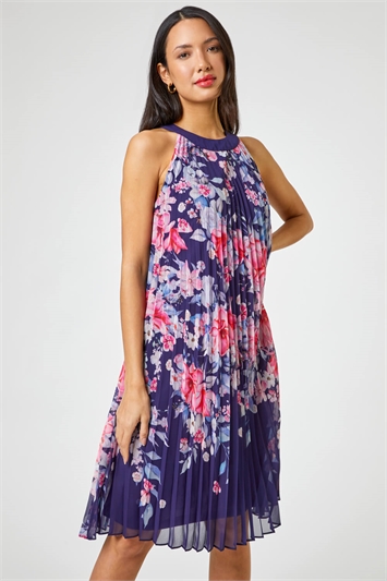 High Neck Floral Print Pleated Swing Dress 14248860