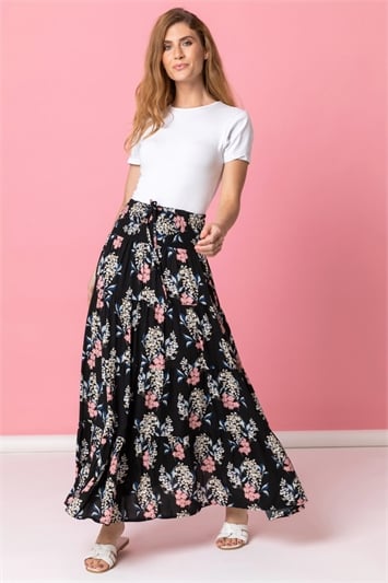 Floral Shirred Waist Maxi Skirt 17025208