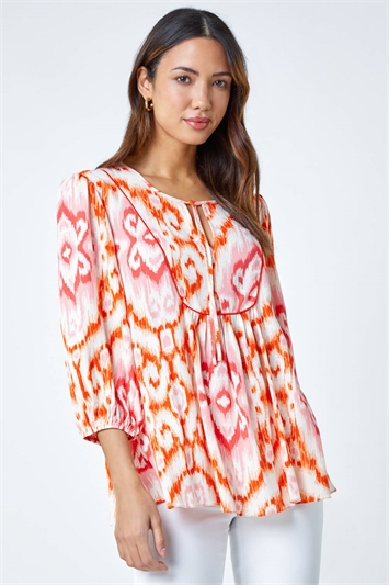 Abstract Print Tie Detail Tunic Smock Top 20131564