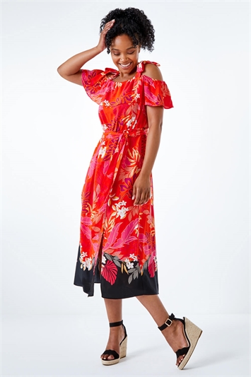 Petite Tropical Print Frill Detail Midi Dress 14287672