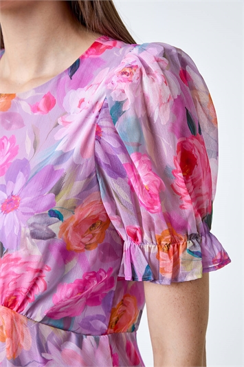 Floral Print Puff Sleeve Chiffon Midi Dress 14527476