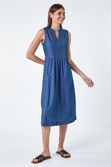 Sleeveless Cotton Denim Midi Dress 14537129