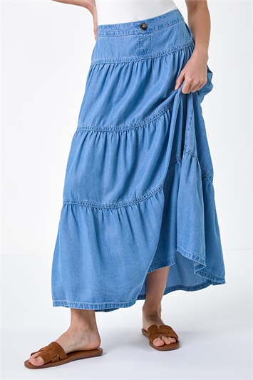 Denim Wash Tiered Maxi Skirt 17043443