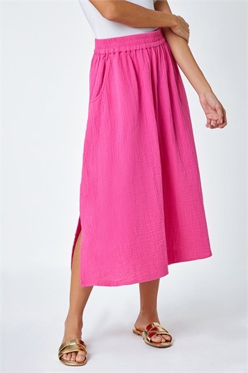 Textured Cotton Elastic Waist A Line Maxi Skirt 17041172