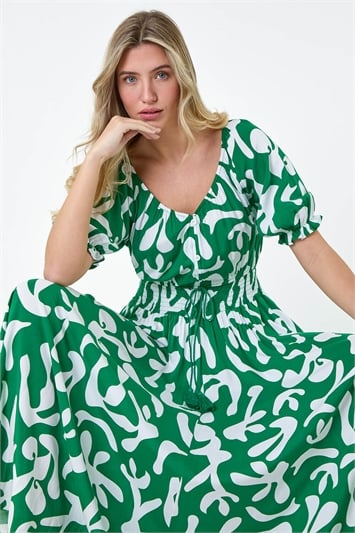 Shirred Waist Abstract Print Maxi Dress 14559534