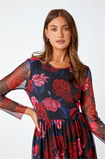 Floral Mesh Midi Stretch Dress 14470978