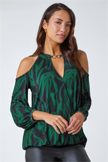 Abstract Print Cold Shoulder Stretch Top 19256031