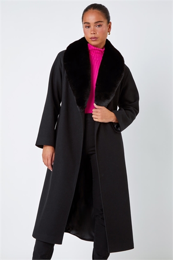 Petite Faux Fur Collar Longline Coat 12027008