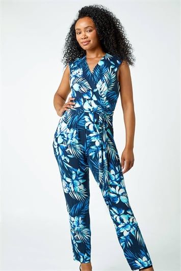Petite Tropical Print Tie Waist Jersey Jumpsuit 14299009