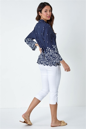 Cotton Paisley Embroidered V-Neck Blouse 10122860