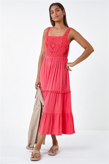 Crochet Detail Cotton Blend Maxi Dress 14529678