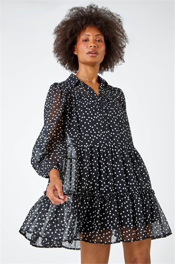 Polka Dot Print Tiered Shirt Dress 14457108