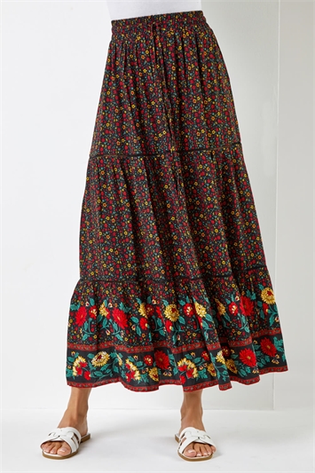 Floral Print Elastic Waist Tiered Maxi Skirt 17027108