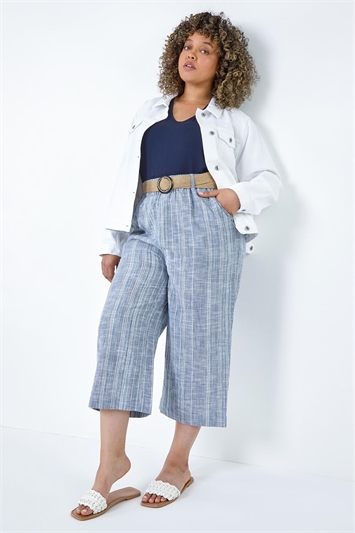 Curve Cotton Stripe Belted Crop Trousers 18061909