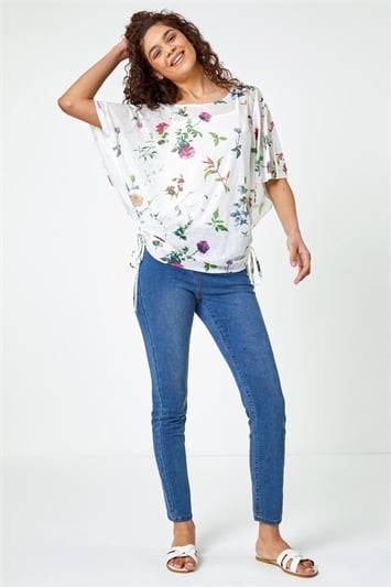 Floral Print Ruched Batwing Top 19175738