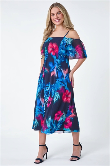 Petite Tropical Floral Bardot Midi Dress 14530860