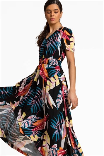 Tropical Palm Shirred Waist Maxi Dress