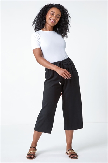 Petite Linen Mix Wide Cropped Trousers 18054408