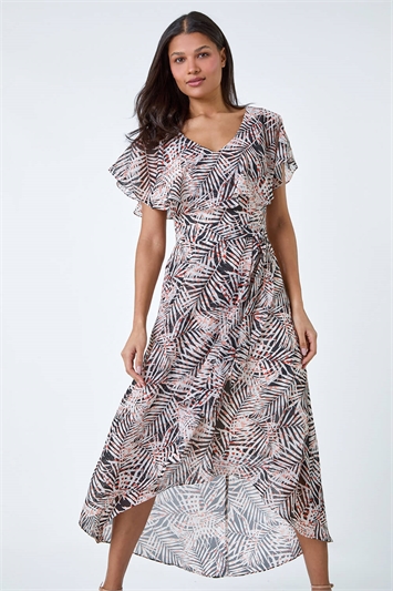 Leaf Print Chiffon Midi Wrap Dress 14515708