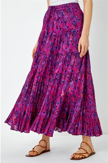 Feather Print Tiered Cotton Maxi Skirt 17032432