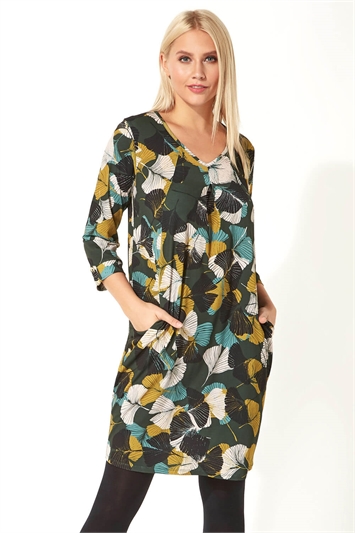 Leaf Print 3/4 Sleeve Slouch Dress 14069534