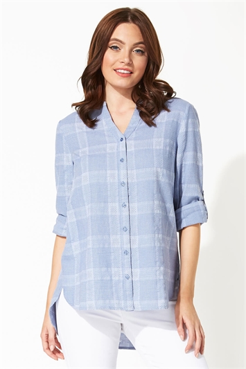 Textured Check Print Wrap Back Shirt in Blue - Roman Originals UK