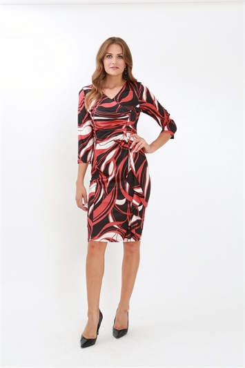 Julianna Swirl Print 3/4 Sleeve Ruched Dress g9098rus