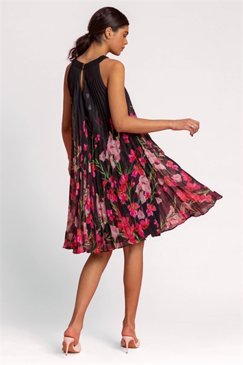 High Neck Floral Pleated Swing Dress 14237908