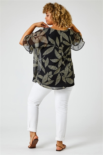 Curve Abstract Leaf Chiffon Overlay V-Neck Top 20099108
