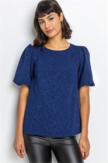 Floral Jacquard Puff Sleeve Top 19154554