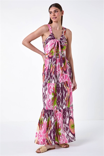 Abstract Tie Front Tiered Maxi Dress 14529172