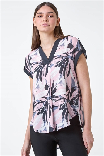 Abstract Floral Print Contrast Trim Top 20173346