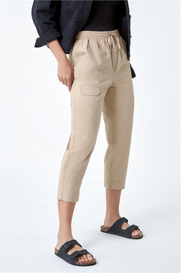 Cotton Elastic Waist Cropped Cargo Trousers 18059059