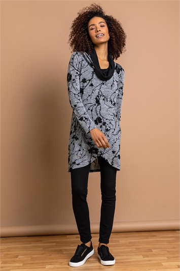Floral Print Cowl Neck Long Sleeve Tunic Top 19110136