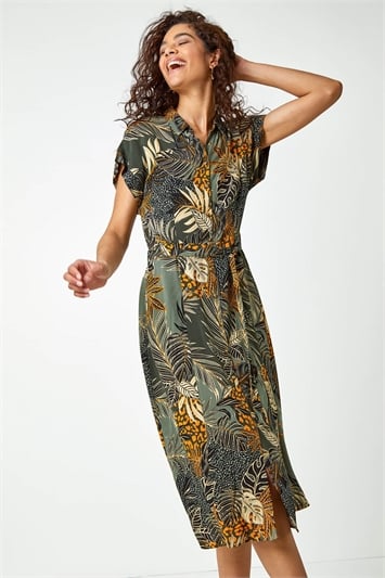 Tropical Leaf Print Shirt Dress 14150434