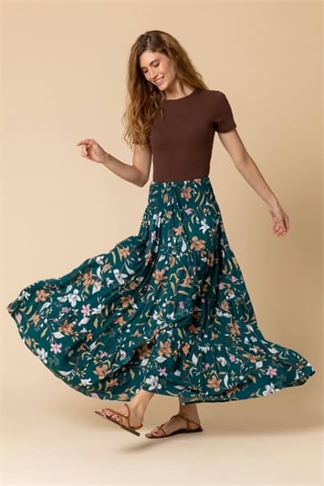 Floral Shirred Elastic Waist Maxi Skirt 17024791