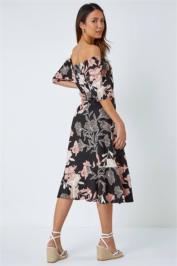 Floral Linen Blend Bardot Midi Dress 14339808