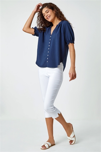 Puff Sleeve Button Detail V-Neck Blouse 20126360