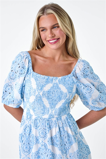 Petite Cotton Embroidered Shirred Maxi Dress 14486409