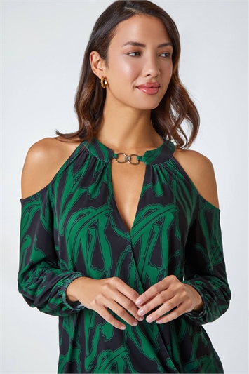 Abstract Print Cold Shoulder Stretch Top 19256031