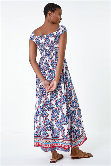 Paisley Shirred Bardot Maxi Dress 14505778
