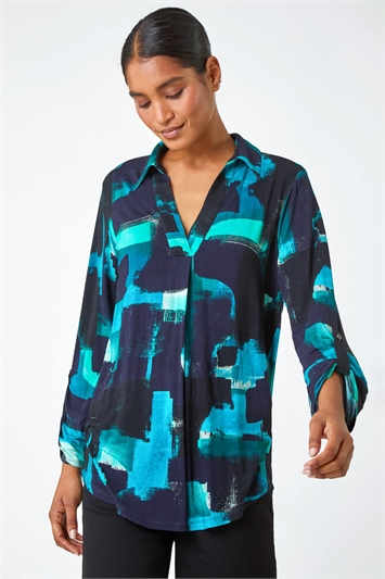 Abstract Print Stretch Shirt Top 19248592