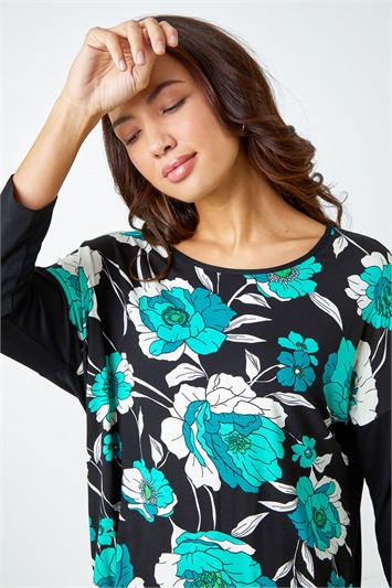 Contrast Sleeve Floral Print Tunic Top 19205934