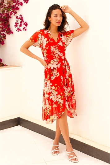 Floral Print Chiffon Wrap Dress 14395478
