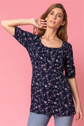 Blue Ditsy Floral Print Shirred Dress | Roman UK