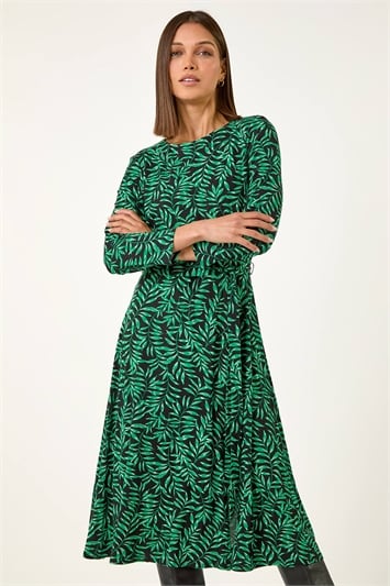 Leaf Print Stretch Belted Dress 14611734