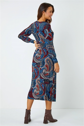 Paisley Print Shirred Midi Stretch Dress 14469209