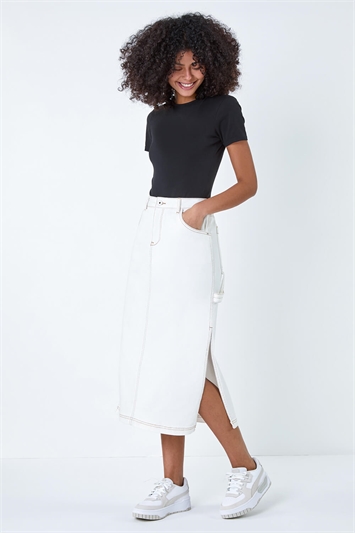 Cotton Denim Side Split Midi Skirt